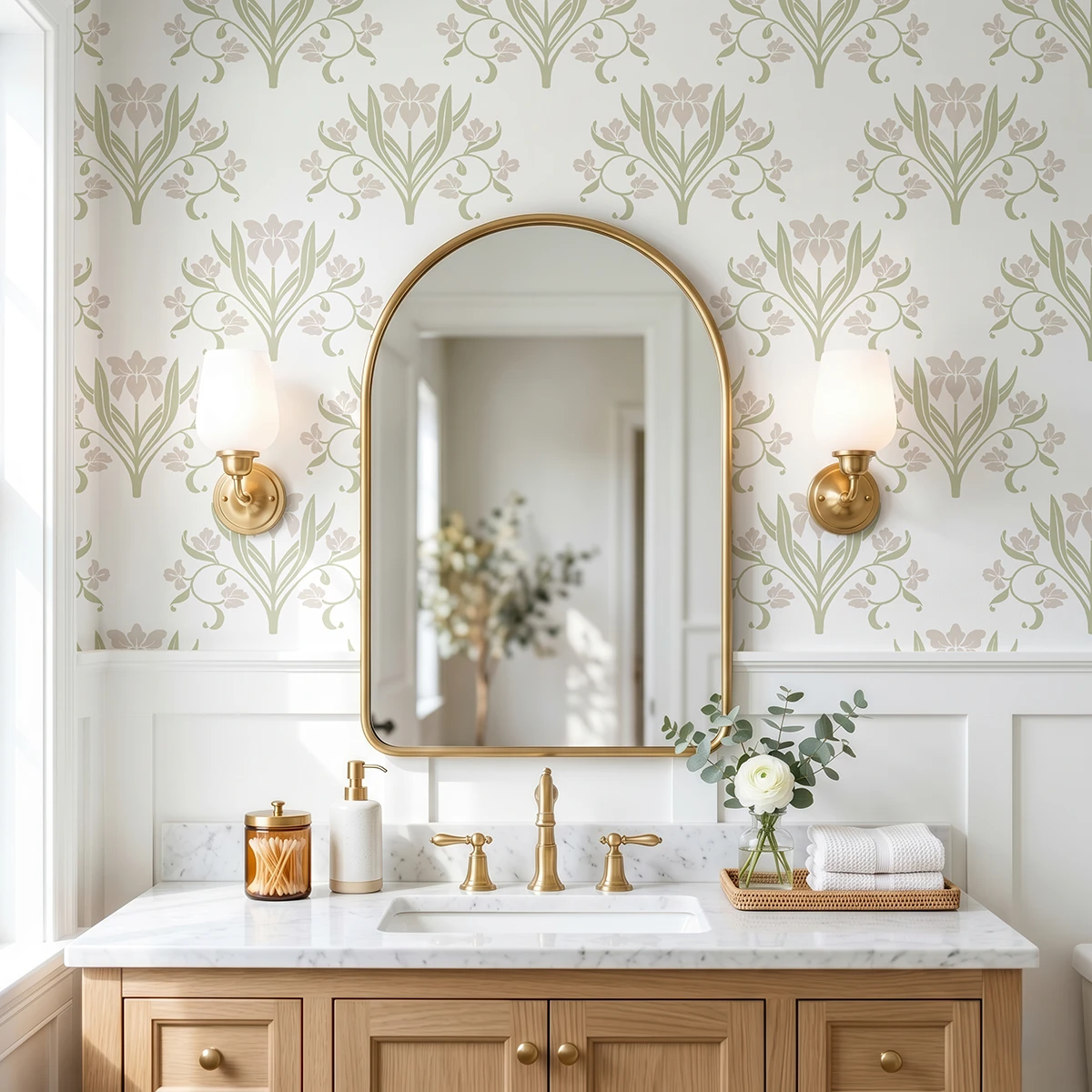 Liria, papel pintado floral verde salvia y gris lino, a escala grande en baño elegante con mueble de lavabo, espejo de arco y apliques de pared.