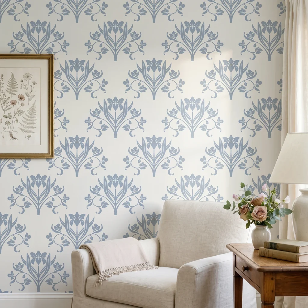 Liria, papel pintado floral azul empolvado y blanco lino, a escala grande en salón luminoso con butaca, decorado con cuadros y elementos vegetales.