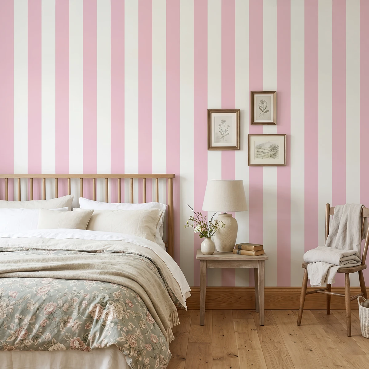 Modelo Della, papel pintado de rayas rosa rubor y blanco, a escala grande en dormitorio con cama, mesilla, butaca y elementos decorativos junto a la zona de descanso.