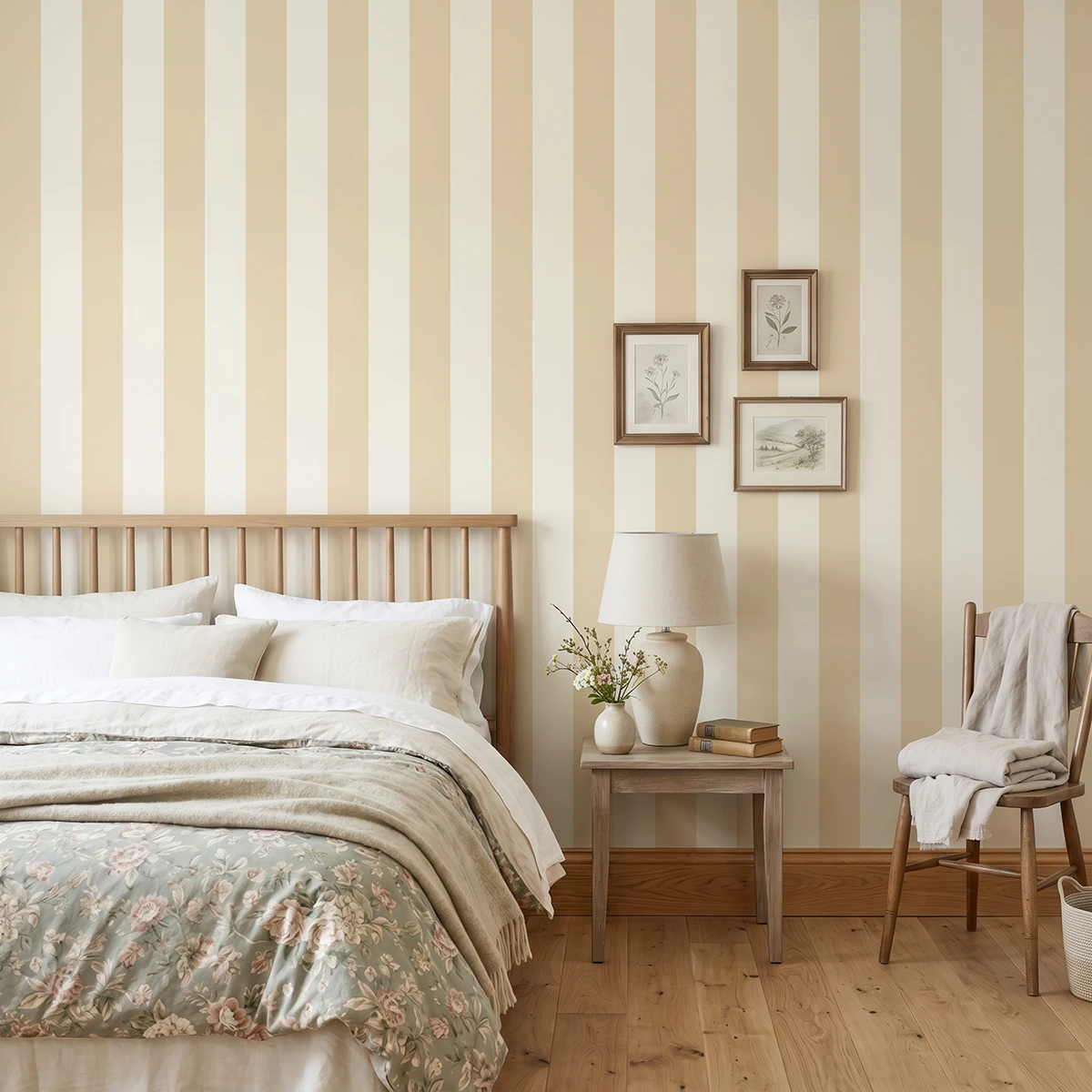 Modelo Della, papel pintado de rayas arena suave y marfil, a escala grande en dormitorio con cama, mesilla, butaca y elementos decorativos junto a la zona de descanso.