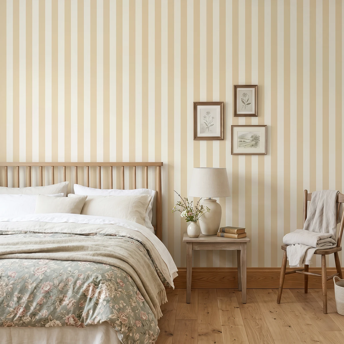 Modelo Della, papel pintado de rayas arena suave y marfil, a escala mediana en dormitorio con cama, mesilla, butaca y elementos decorativos junto a la zona de descanso.