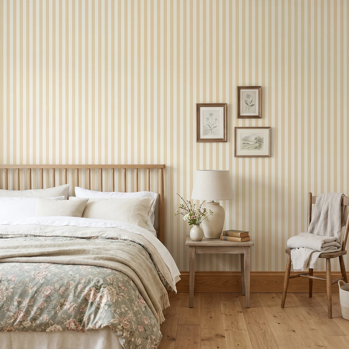 Modelo Della, papel pintado de rayas arena suave y marfil, a escala pequeña en dormitorio con cama, mesilla, butaca y elementos decorativos junto a la zona de descanso.