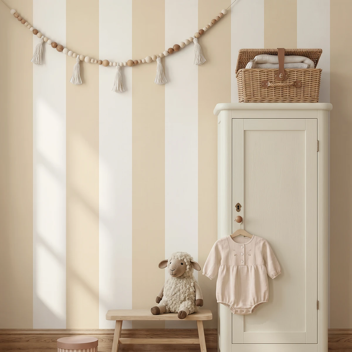 Modelo Della, papel pintado de rayas arena suave y marfil, a escala maxi en habitación infantil, con armario de madera con mameluco colgado y banco con peluche de oveja.