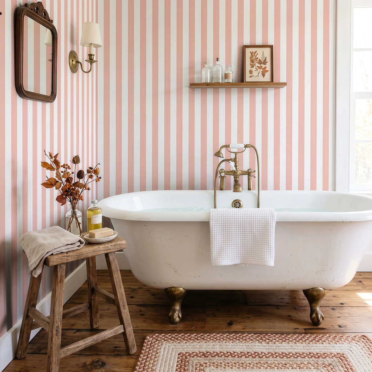 Modelo Della, papel pintado de rayas coral suave y blanco, a escala mediana en baño elegante y vintage con una bañera exenta de estilo clásico con patas de bronce, suelo de madera rústica, un pequeño taburete de madera con accesorios de baño y un aplique de luz clásico.