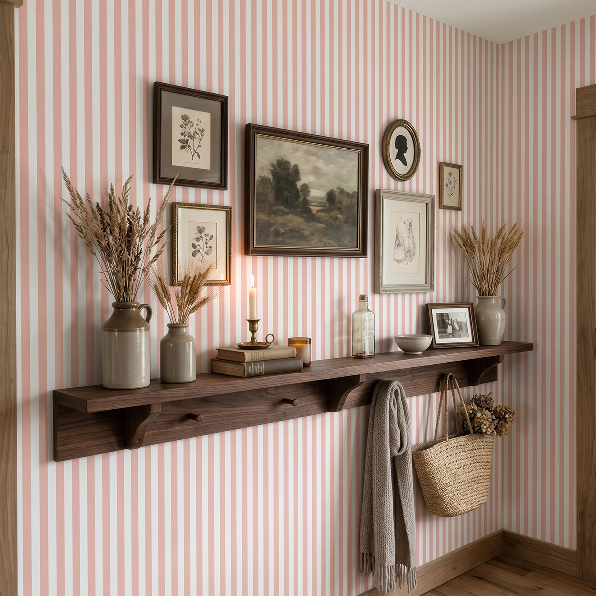 Modelo Della, papel pintado de rayas coral suave y blanco, a escala pequeña en recibidor de estilo rústico con consola de madera flotante y pared decorada con cuadros y elementos decorativos campestres.