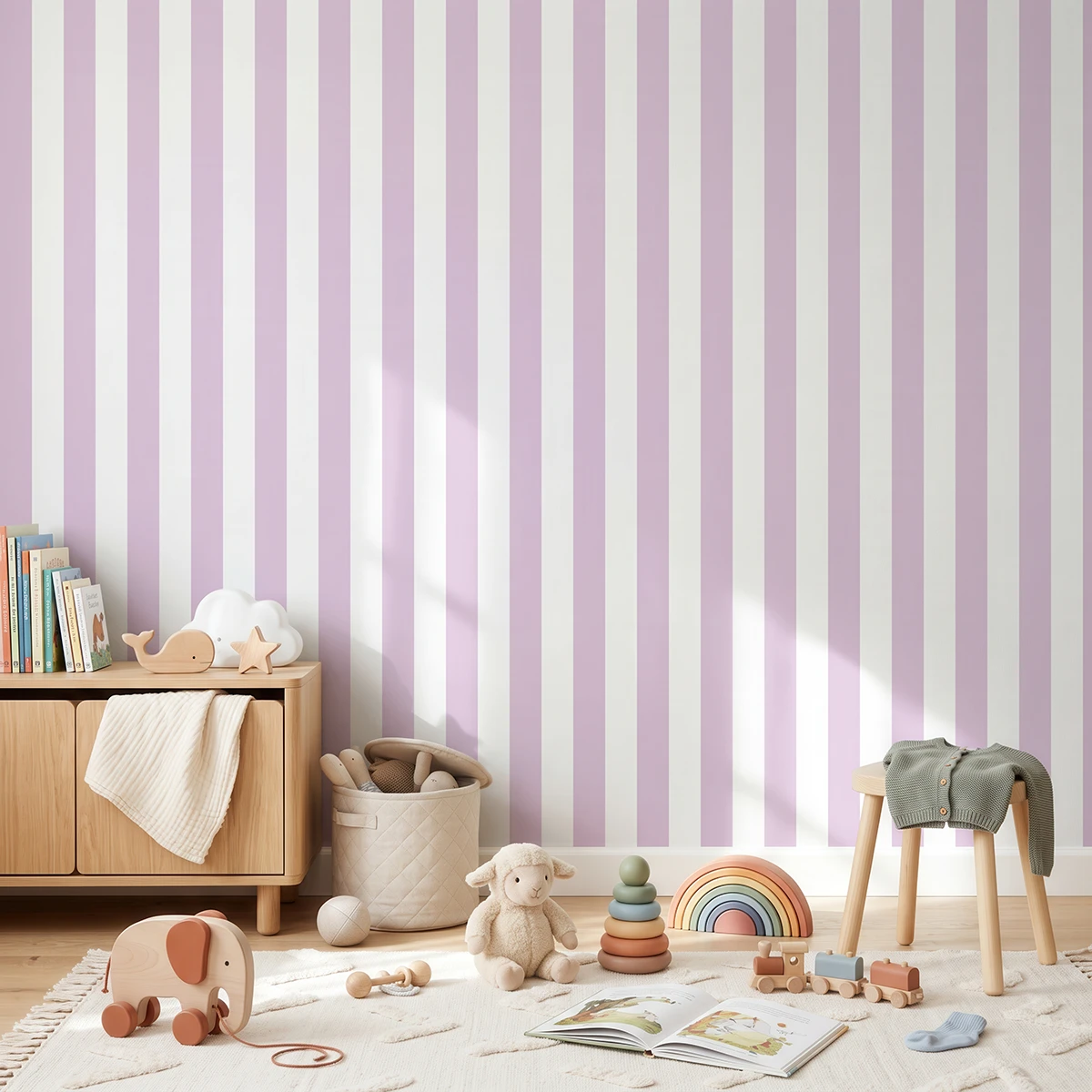 Modelo Della, papel pintado de rayas lavanda y blanco, a escala mediana en habitación infantil luminosa y ordenada con una decoración en tonos neutros y madera clara, con un mueble bajo de madera con libros, un taburete pequeño, cestas de almacenamiento y varios juguetes esparcidos sobre una alfombra clara con un patrón suave, creando un ambiente acogedor y moderno..