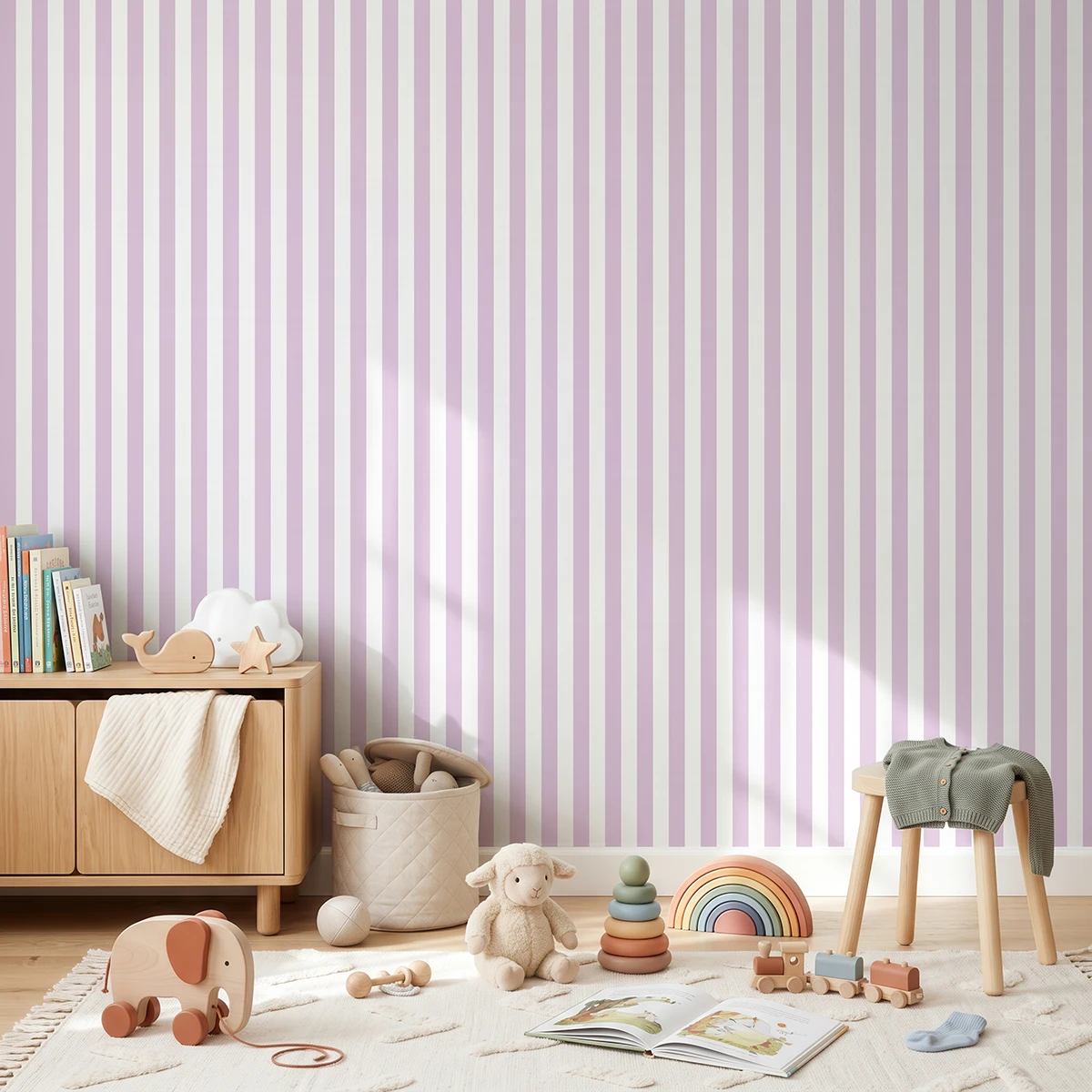 Modelo Della, papel pintado de rayas lavanda y blanco, a escala pequeña en habitación infantil luminosa y ordenada con una decoración en tonos neutros y madera clara, con un mueble bajo de madera con libros, un taburete pequeño, cestas de almacenamiento y varios juguetes esparcidos sobre una alfombra clara con un patrón suave, creando un ambiente acogedor y moderno..