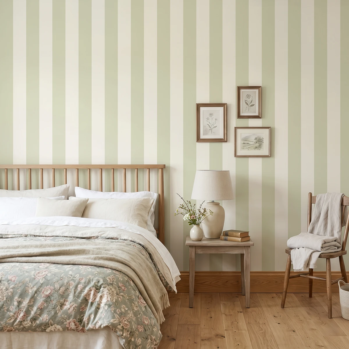 Modelo Della, papel pintado de rayas verde salvia y marfil, a escala grande en dormitorio con cama, mesilla, butaca y elementos decorativos junto a la zona de descanso.