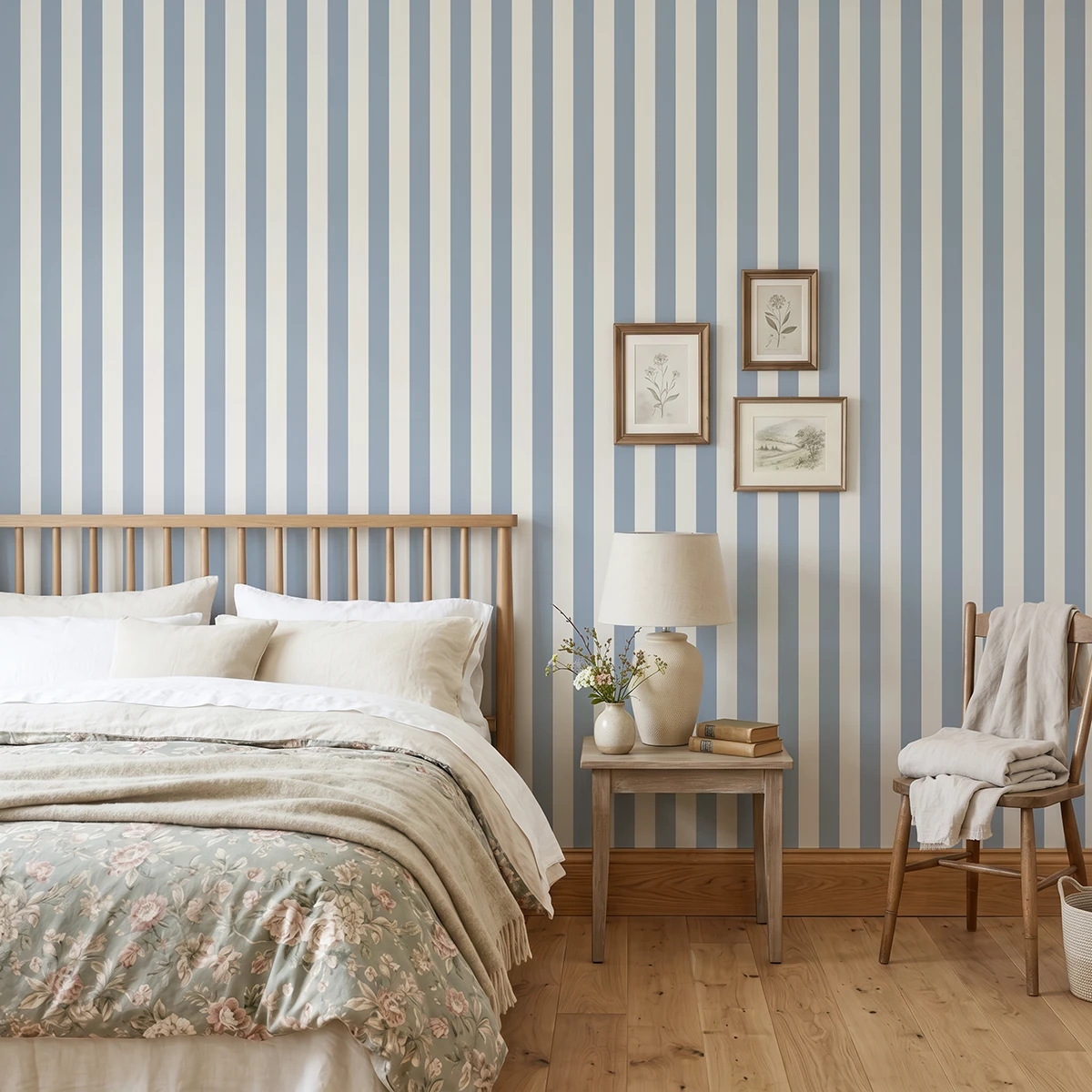 Modelo Della, papel pintado de rayas azul empolvado y blanco lino, a escala mediana en dormitorio con cama, mesilla, butaca y elementos decorativos junto a la zona de descanso.
