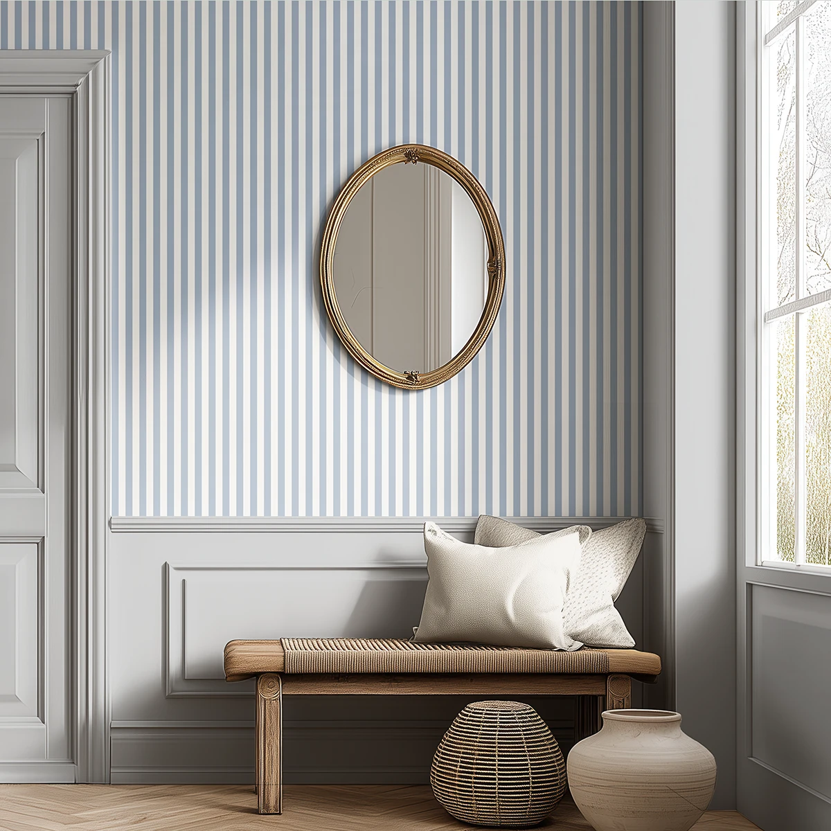 Modelo Della, papel pintado de rayas azul empolvado y blanco lino, a escala pequeña en pasillo o recibidor luminoso con un gran ventanal, espejo ovalado con marco dorado, un banco coqueto con cojines y elementos decorativos artesanales.