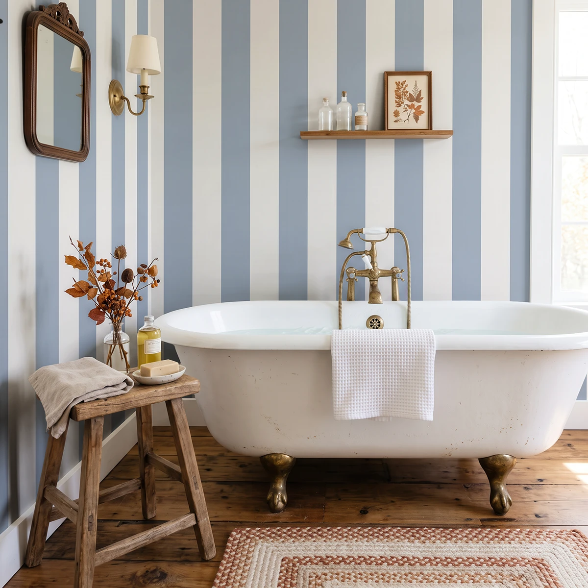 Modelo Della, papel pintado de rayas azul empolvado y blanco lino, a escala maxi en baño elegante y vintage con una bañera exenta de estilo clásico con patas de bronce, suelo de madera rústica, un pequeño taburete de madera con accesorios de baño y un aplique de luz clásico.