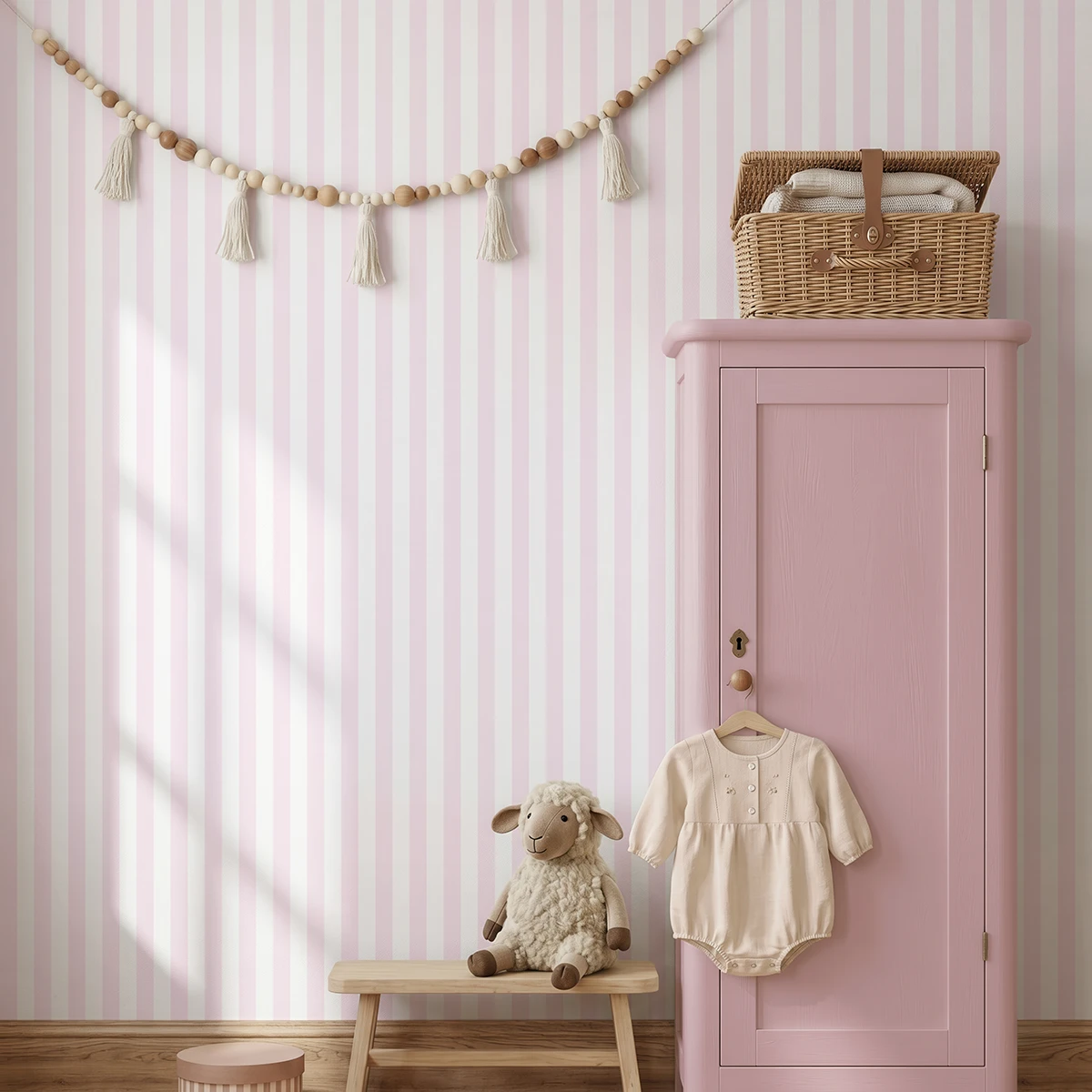 Modelo Della, habitación infantil decorada con los mismos cuadros negros con logotipos geométricos blancos sobre una pared clara. En la esquina derecha destaca un armario alto de madera pintado, del cual cuelga un mameluco beige en una percha. Delante de la pared hay un banco de madera con un peluche de oveja y una cesta de mimbre sobre el armario, todo decorado con una guirnalda de borlas de cuerda en la parte superior que aporta un toque artesanal y tierno.