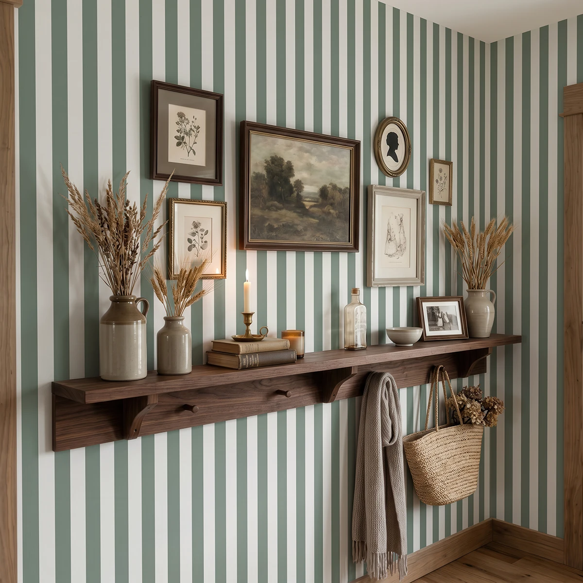 Modelo Della, papel pintado de rayas oliva y blanco lino, a escala mediana en recibidor de estilo rústico con consola de madera flotante y pared decorada con cuadros y elementos decorativos campestres.