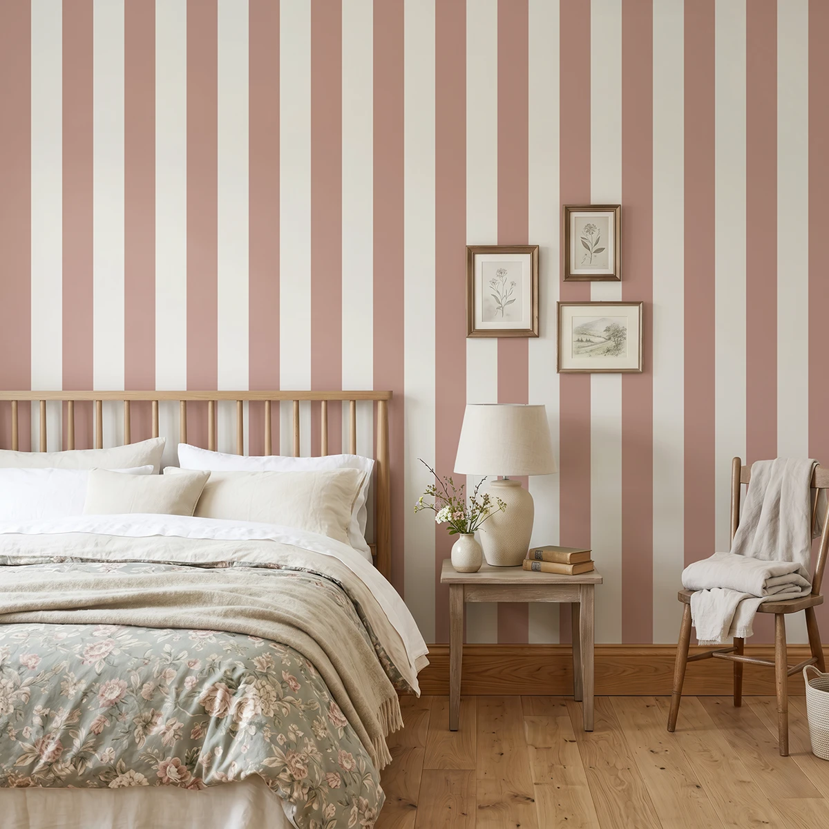 Modelo Della, papel pintado de rayas siena y blanco lino, a escala grande en dormitorio con cama, mesilla, butaca y elementos decorativos junto a la zona de descanso.