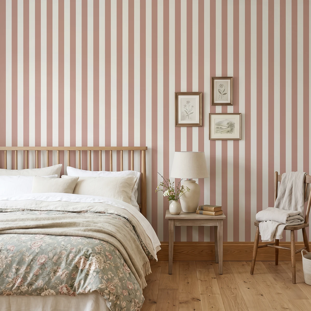 Modelo Della, papel pintado de rayas siena y blanco lino, a escala mediana en dormitorio con cama, mesilla, butaca y elementos decorativos junto a la zona de descanso.