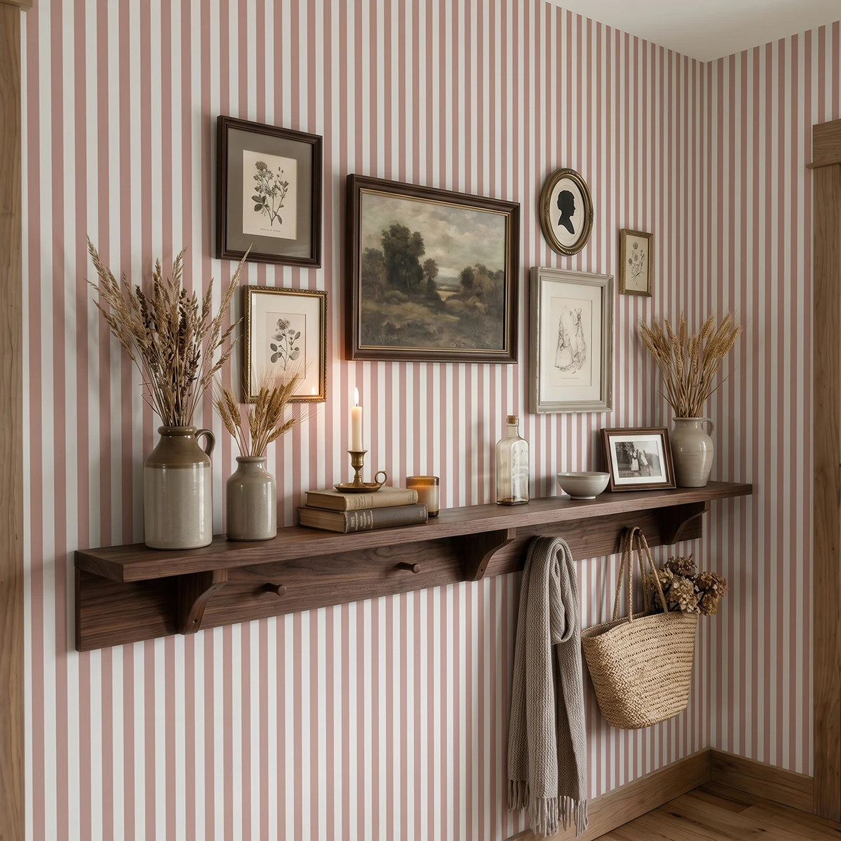 Modelo Della, papel pintado de rayas siena y blanco lino, a escala pequeña en recibidor de estilo rústico con consola de madera flotante y pared decorada con cuadros y elementos decorativos campestres.