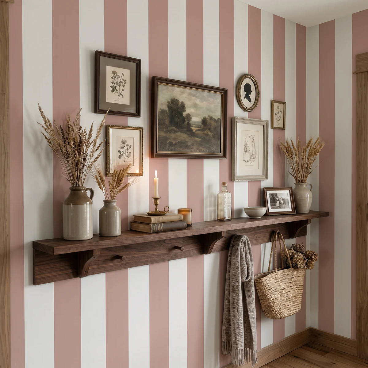 Modelo Della, papel pintado de rayas siena y blanco lino, a escala maxi en recibidor de estilo rústico con consola de madera flotante y pared decorada con cuadros y elementos decorativos campestres.