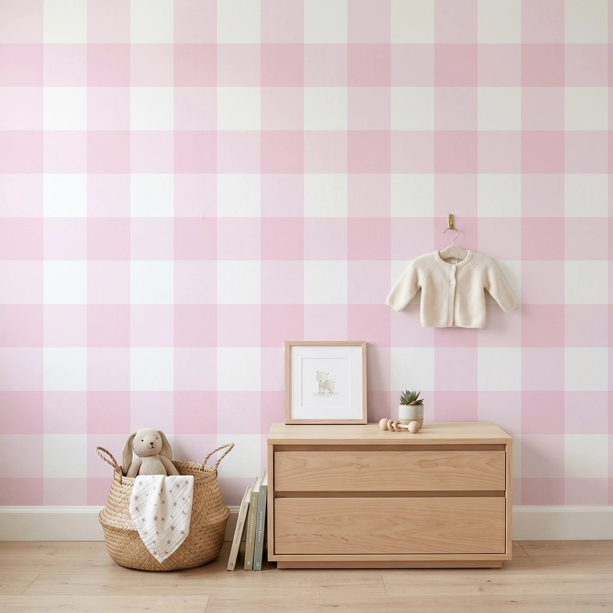 Anna, papel pintado vichy rosa algodón de azúcar y blanco, a escala grande en habitación infantil con cómoda, elementos decorativos y mobiliario de estilo natural.