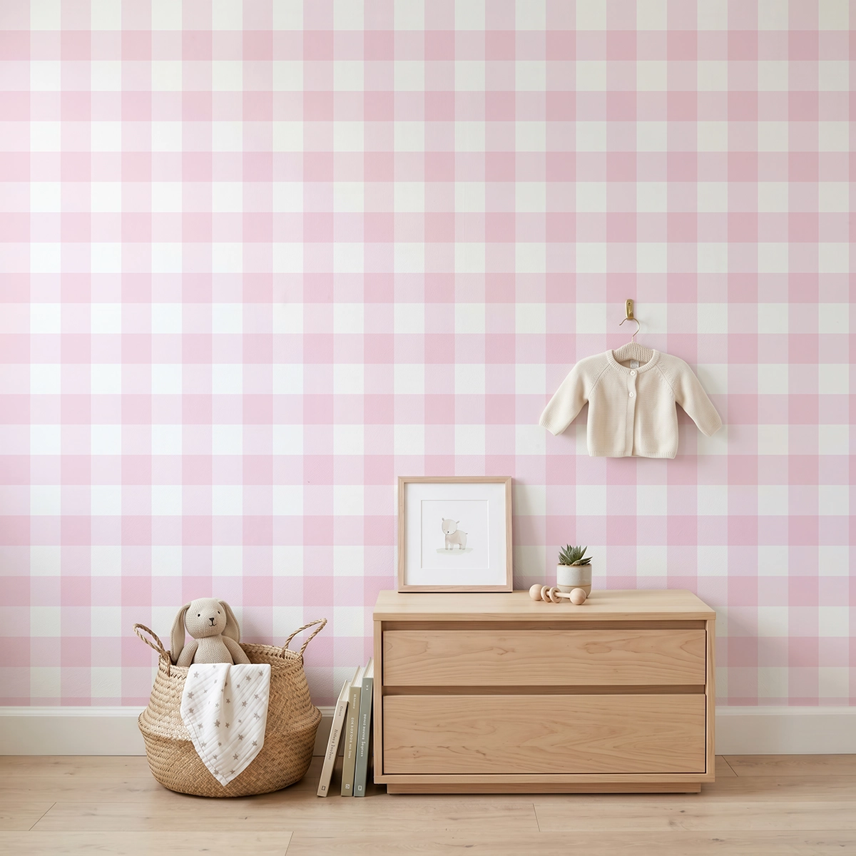 Anna, papel pintado vichy rosa algodón de azúcar y blanco, a escala mediana en habitación infantil con cómoda, elementos decorativos y mobiliario de estilo natural.