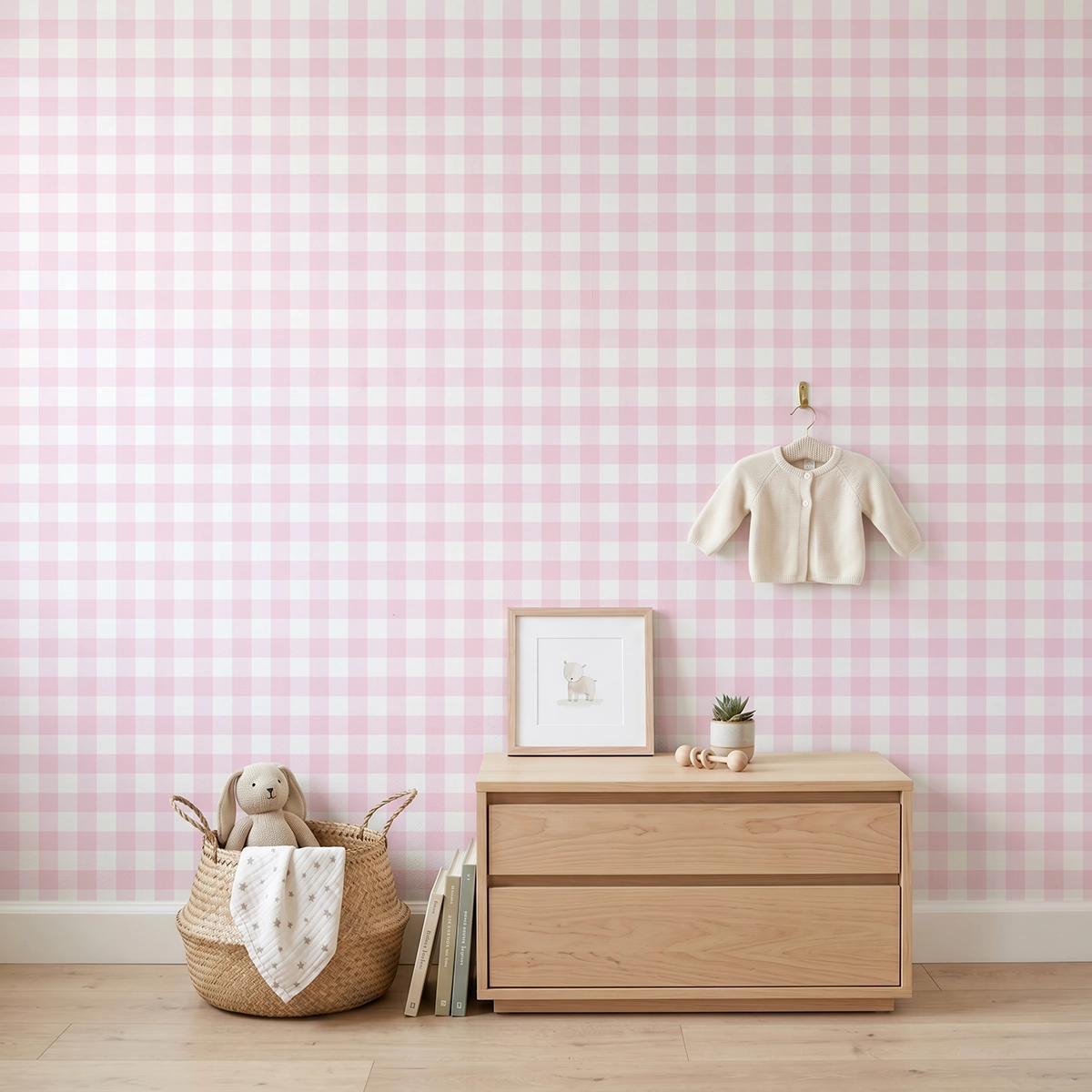 Anna, papel pintado vichy rosa algodón de azúcar y blanco, a escala pequeña en habitación infantil con cómoda, elementos decorativos y mobiliario de estilo natural.