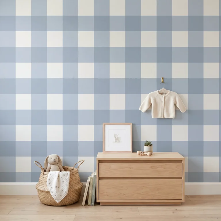 Anna, papel pintado vichy azul empolvado y blanco lino, a escala grande en habitación infantil con cómoda, elementos decorativos y mobiliario de estilo natural.