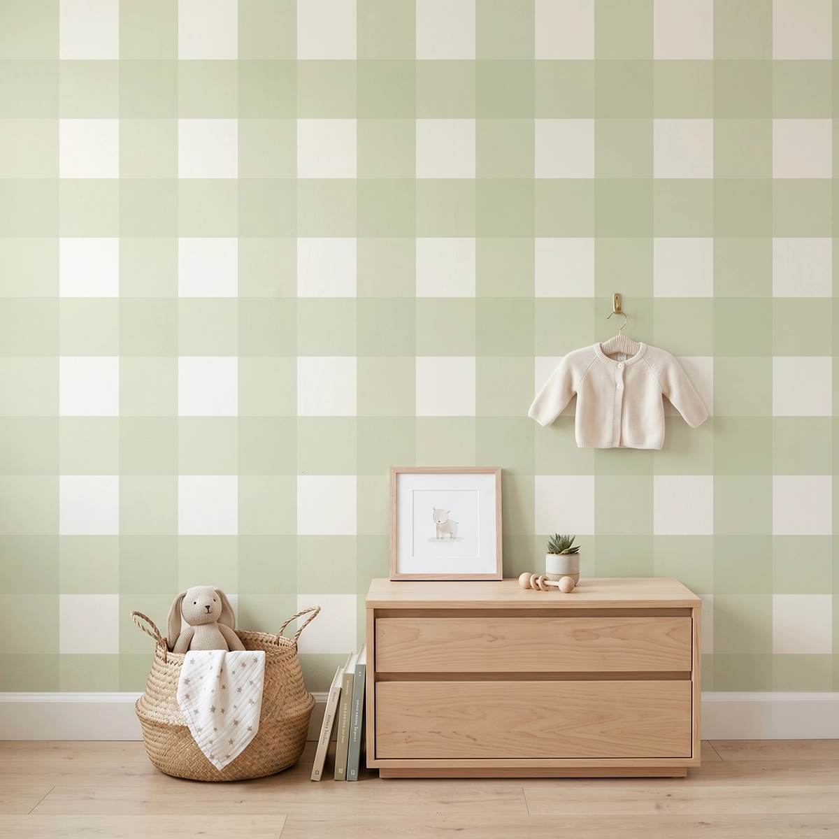 Anna, papel pintado vichy verde salvia y marfil, a escala grande en habitación infantil con cómoda, elementos decorativos y mobiliario de estilo natural.
