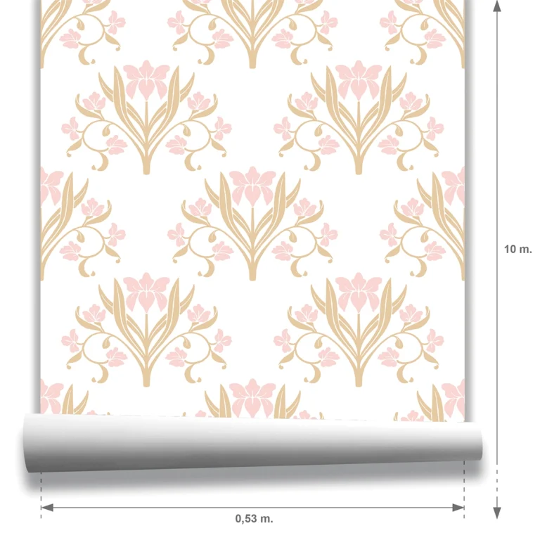 Muestra Liria, papel pintado floral mostaza suave y rosa empolvado, a escala grande.
