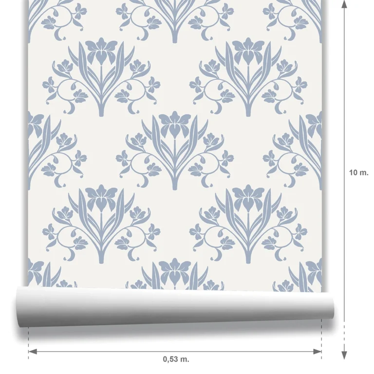 Muestra Liria, papel pintado floral azul empolvado y blanco lino, a escala grande.