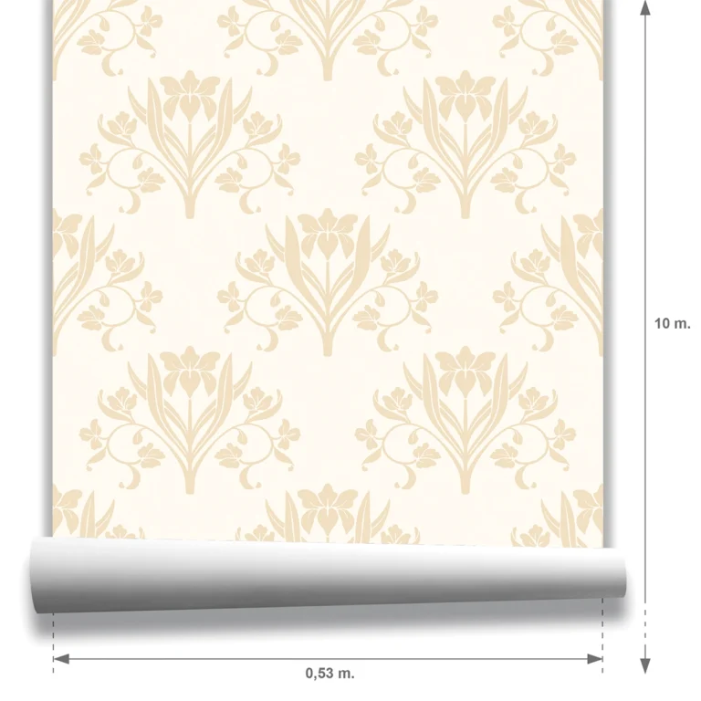 Muestra Liria, papel pintado floral vainilla y marfil, a escala grande.