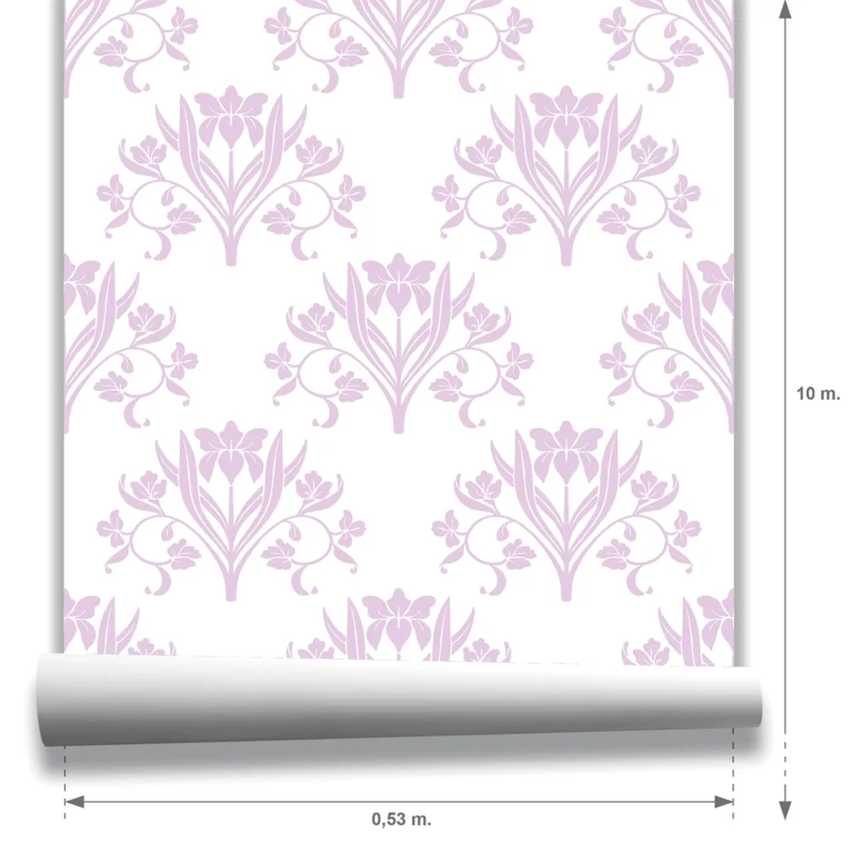 Muestra Liria, papel pintado floral lavanda y blanco, a escala grande.