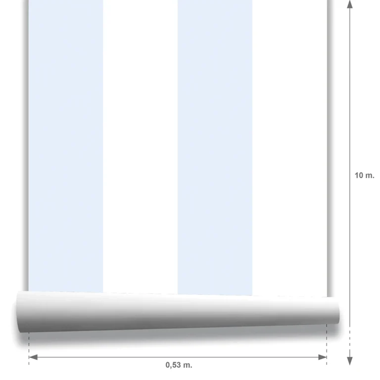 Muestra modelo Della, papel pintado de rayas azul celeste y blanco, a escala maxi.