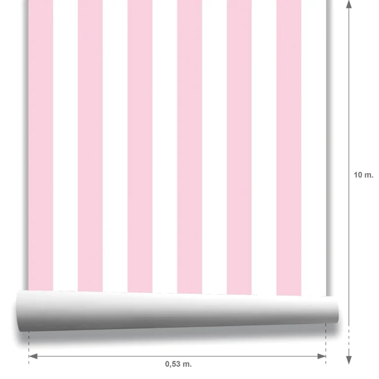 Muestra modelo Della, papel pintado de rayas rosa rubor y blanco, a escala mediana.
