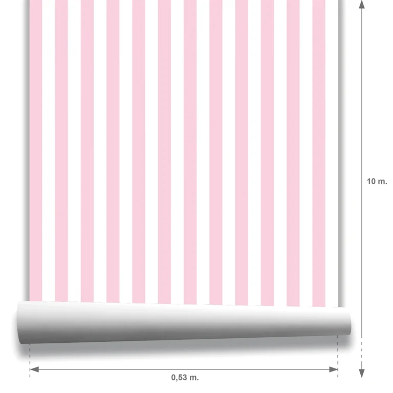 Muestra modelo Della, papel pintado de rayas rosa rubor y blanco, a escala mediana.