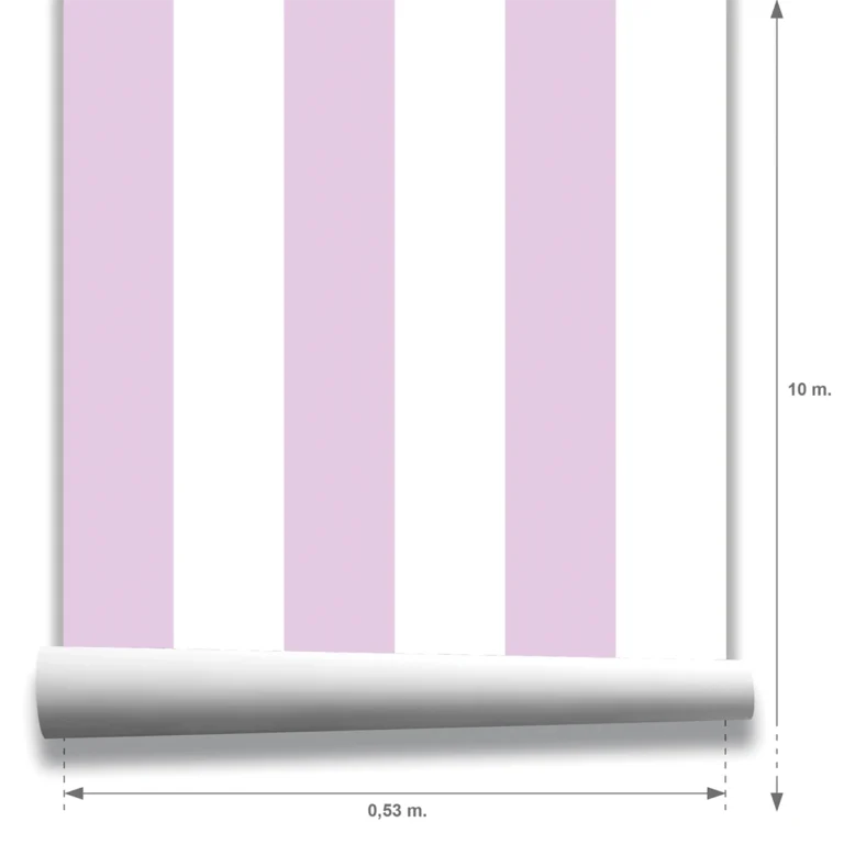 Muestra modelo Della, papel pintado de rayas lavanda y blanco, a escala grande.