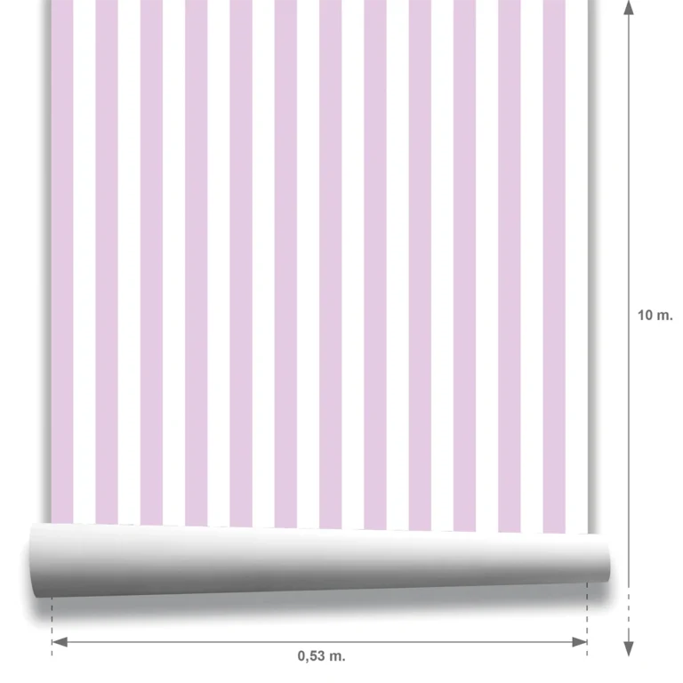 Muestra modelo Della, papel pintado de rayas lavanda y blanco, a escala pequeña.