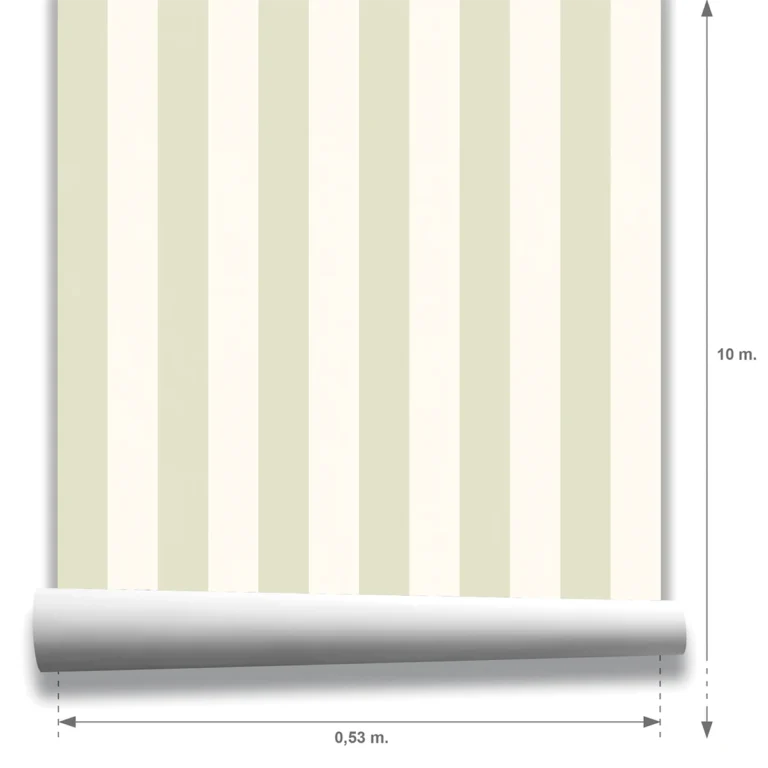 Muestra modelo Della, papel pintado de rayas verde salvia y marfil, a escala mediana.