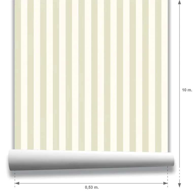 Muestra modelo Della, papel pintado de rayas verde salvia y marfil, a escala pequeña.