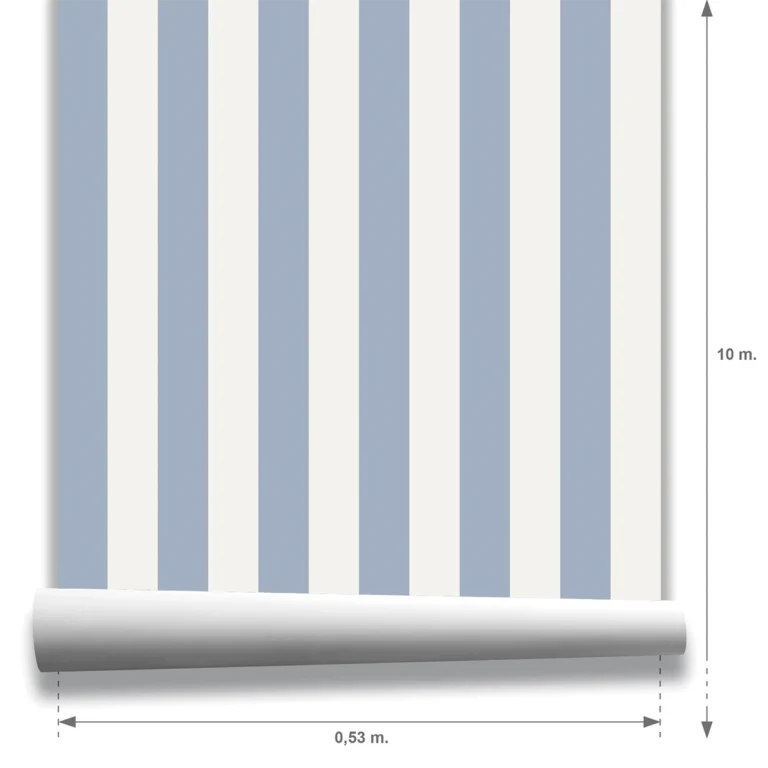 Muestra modelo Della, papel pintado rayas azul empolvado y blanco lino, a escala mediana.