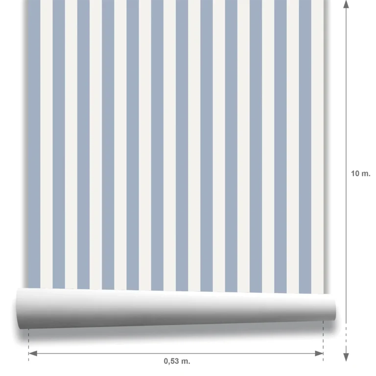 Muestra modelo Della, papel pintado rayas azul empolvado y blanco lino, a escala pequeña.