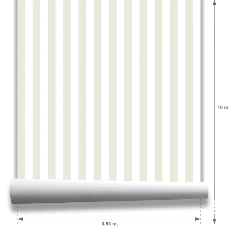 Muestra Modelo Della, papel pintado de rayas beige claro y blanco, a escala pequeña.