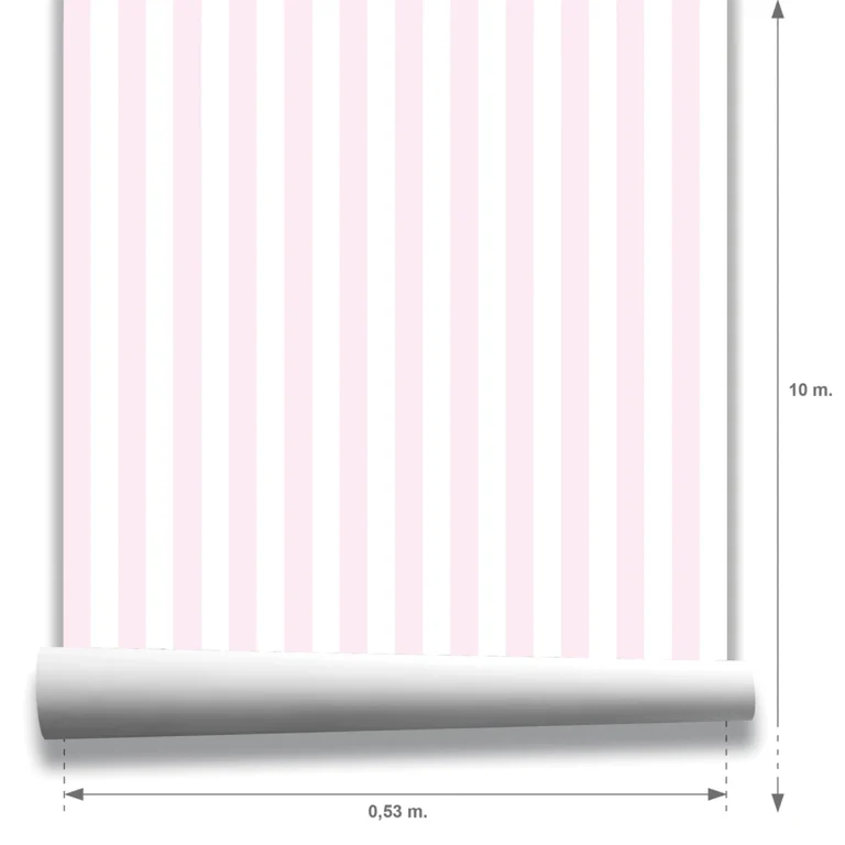 Muestra modelo Della, papel pintado de rayas rosa algodón de azúcar y blanco, a escala pequeña.