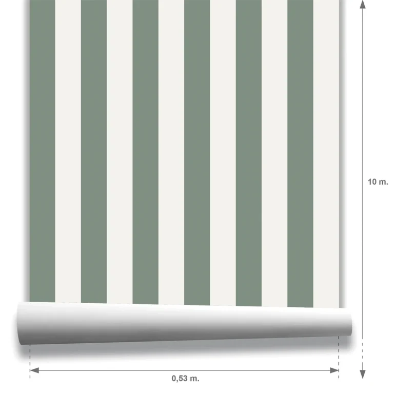 Muestra modelo Della, papel pintado de rayas oliva y blanco lino, a escala mediana.