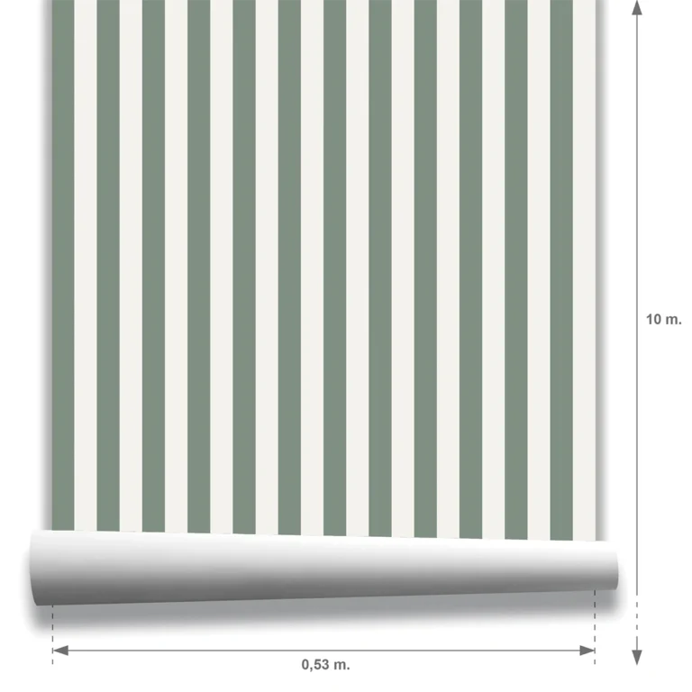 Muestra Modelo Della, papel pintado de rayas oliva y blanco lino, a escala pequeña.