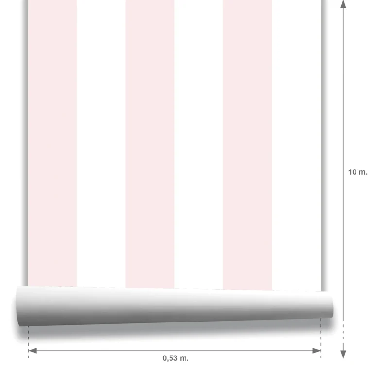Muestra Modelo Della, papel pintado de rayas rosa nude y blanco, a escala grande.