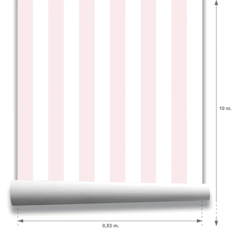 Muestra Modelo Della, papel pintado de rayas rosa nude y blanco, a escala mediana.