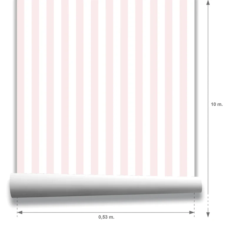 Muestra Modelo Della, papel pintado de rayas rosa nude y blanco, a escala pequeña.