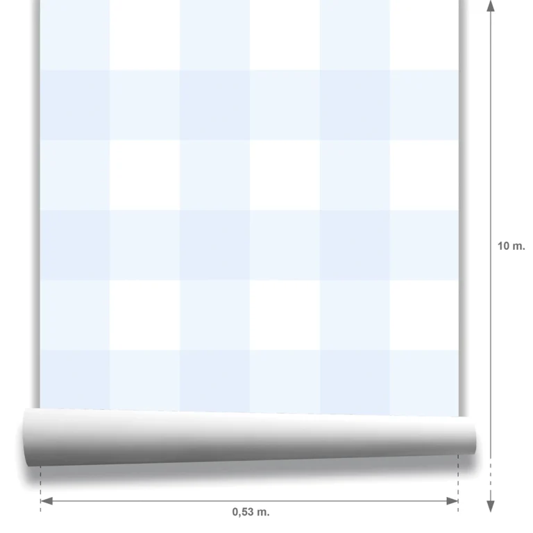Papel pintado Vichy Muestra Anna en color azul celeste y blanco, a escala grande.