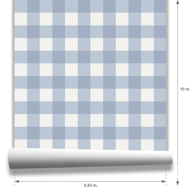 Papel pintado Vichy Muestra Anna en color azul empolvado y blanco lino, a escala mediana.