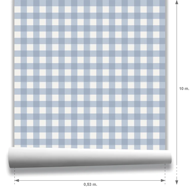 Papel pintado Vichy Muestra Anna en color azul empolvado y blanco lino, a escala pequeña.