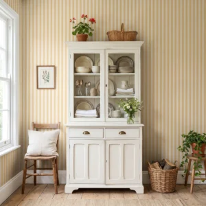 Modelo Della, papel pintado de rayas albaricoque y crema, a escala pequeña en cocina rústica de estilo cottagecore con gran ventanal, una alacena de madera con menaje del hogar, silla de madera y alegres macetas.